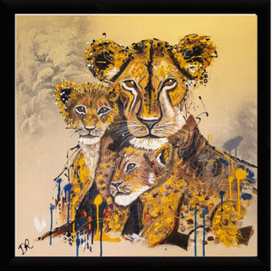 Lioness & Her Cubs - Framed Embellished Canvas