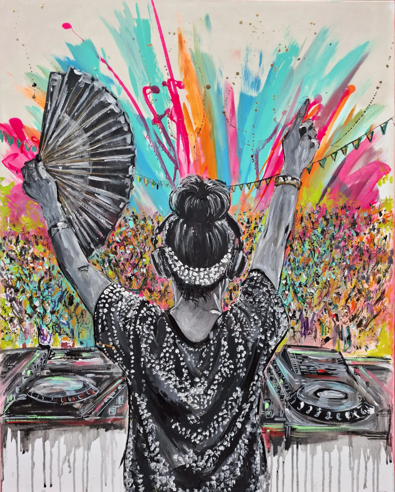 Lizzie Curious DJ painting on canvas featuring a DJ facing a colourful crowd, with vibrant turquoise, pink, orange and yellow brushstrokes.
